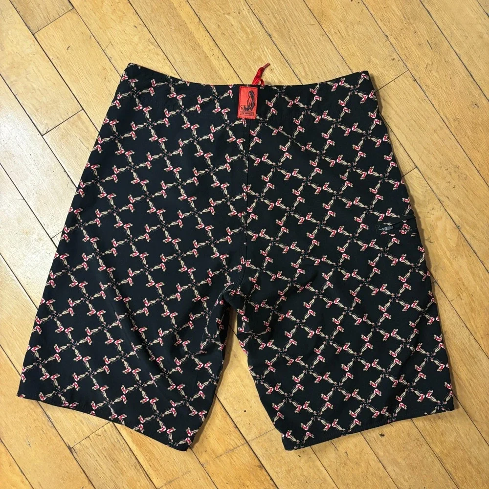 Hinano Tahiti Boardshorts Men 33 Black Red Hinano Hula Girl Print Surf Swim